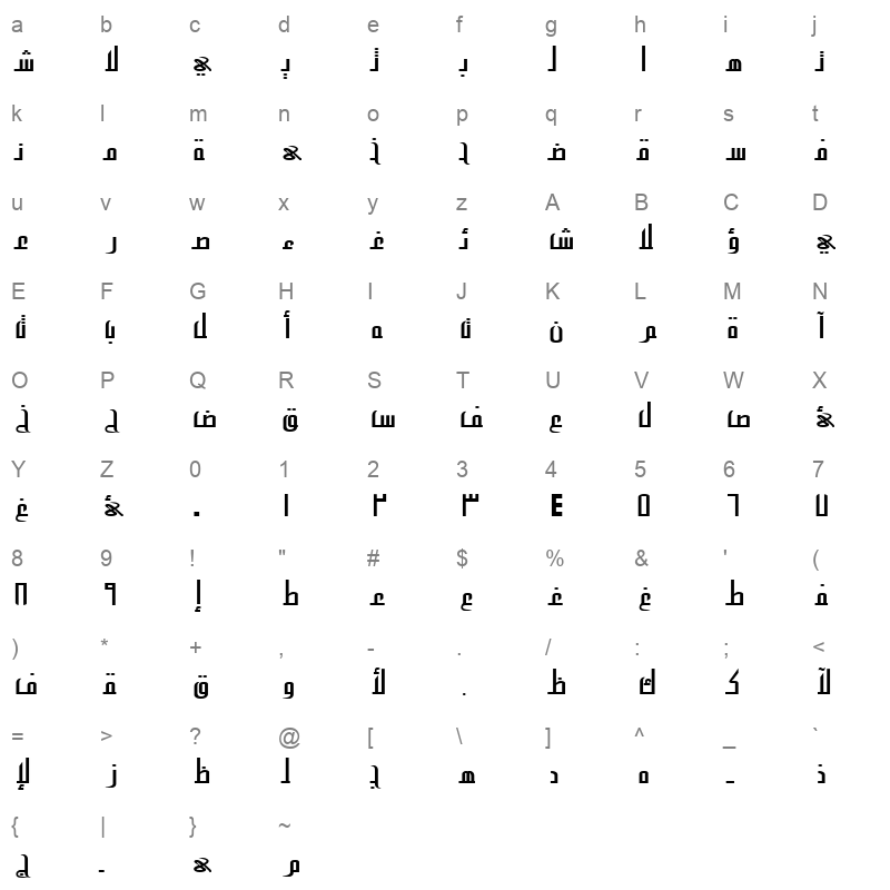 ALW Cool Alsalam. Normal Character Map