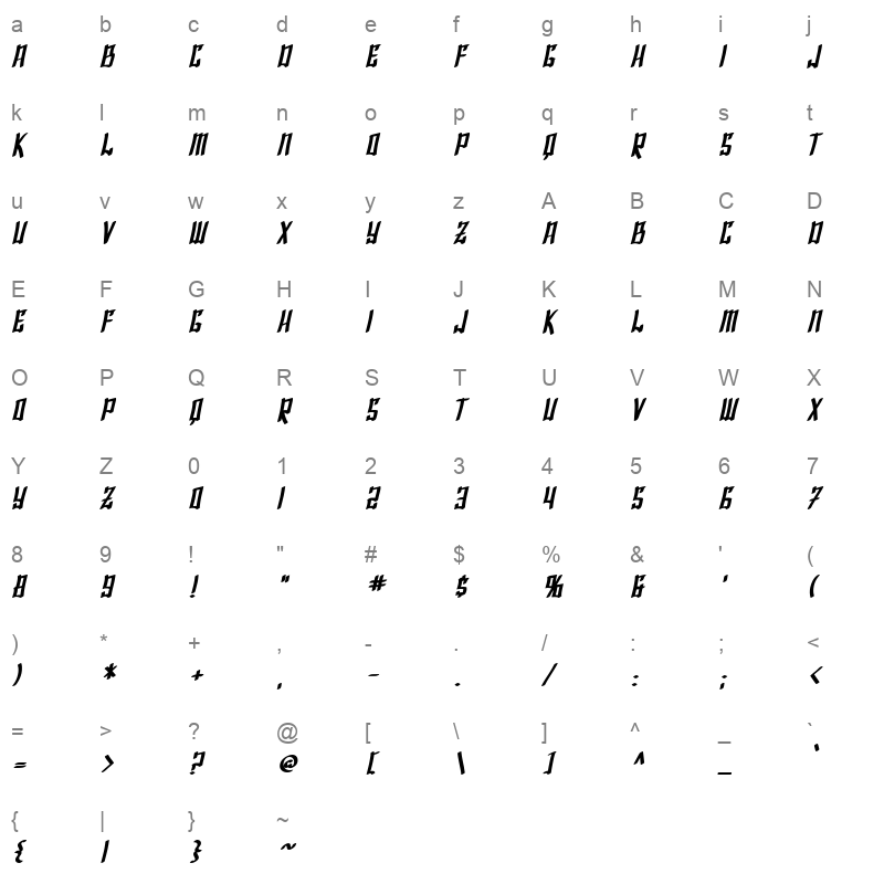 SF Shai Fontai Bold Oblique Character Map