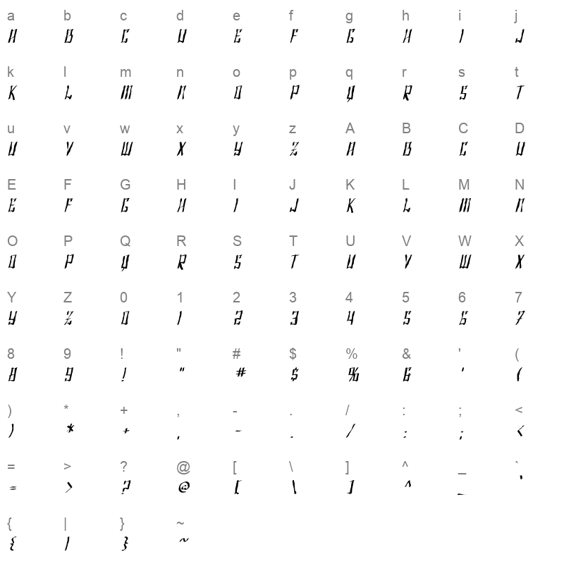 SF Shai Fontai Distressed Oblique Character Map
