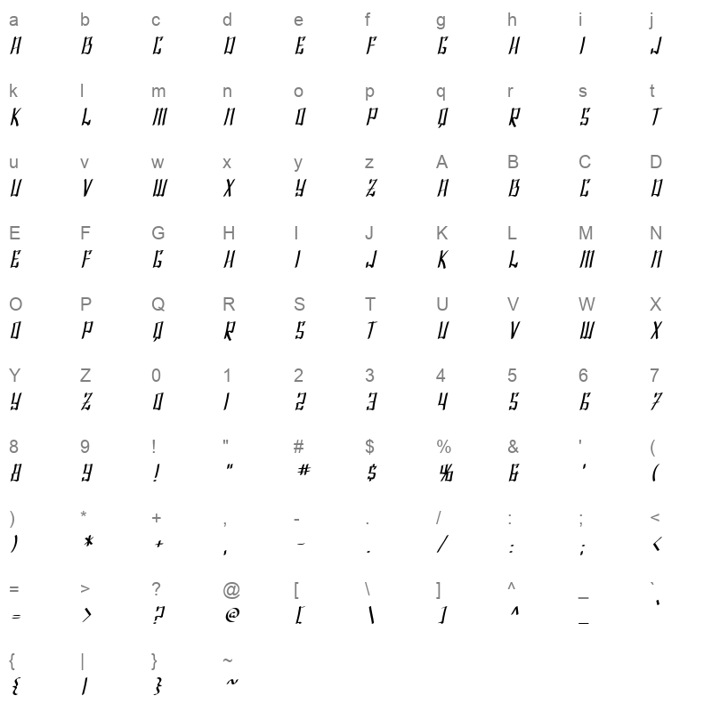 SF Shai Fontai Oblique Character Map